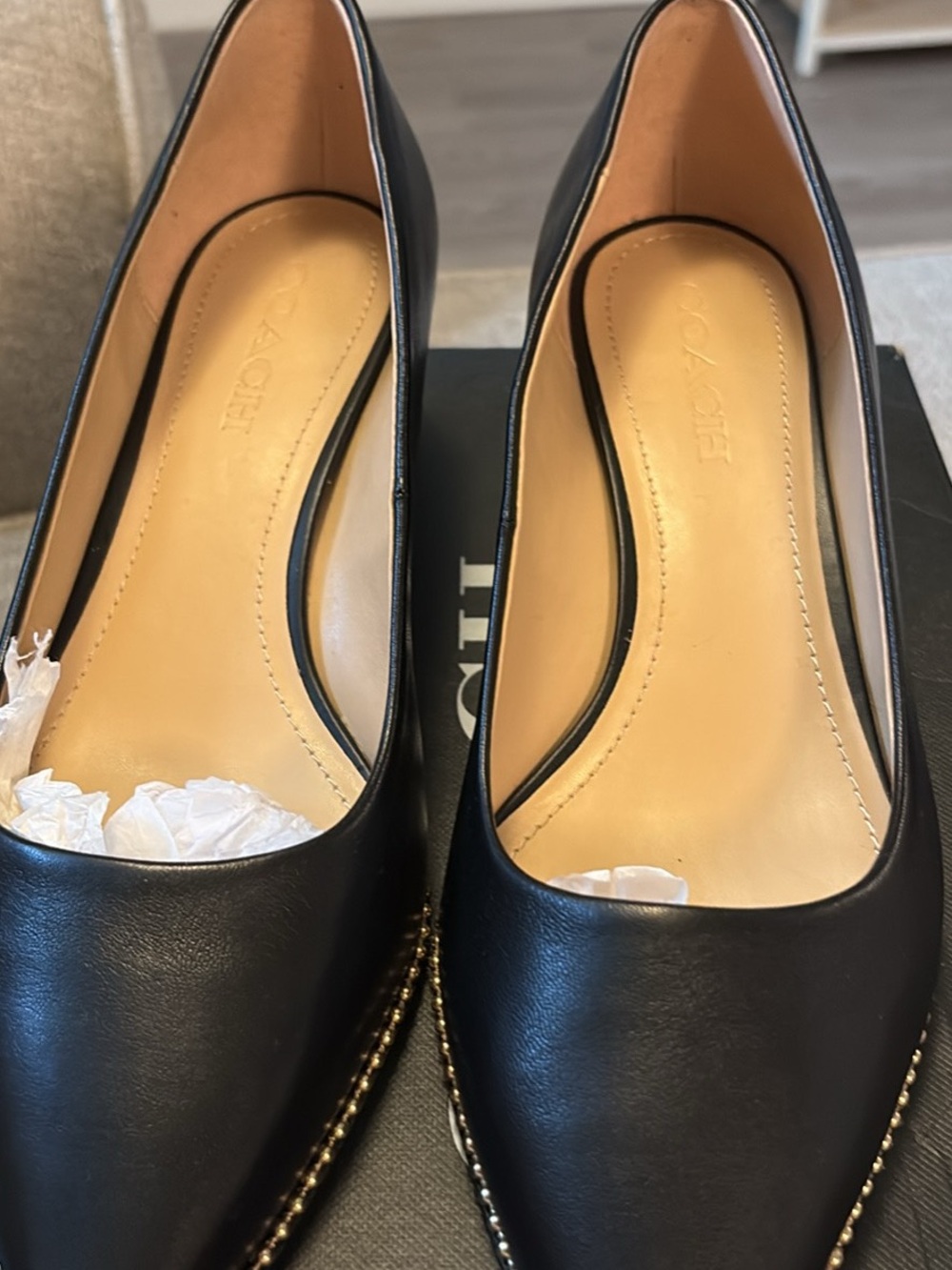 Coach Black Leather Pointed Pumps with Gold Bead Trim